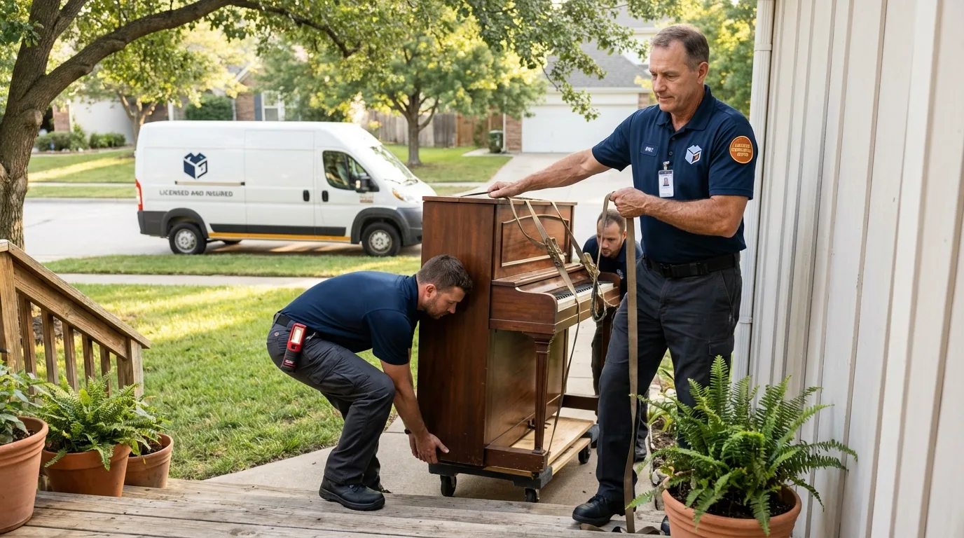 Licensed piano movers securing grand piano in Soledad, CA