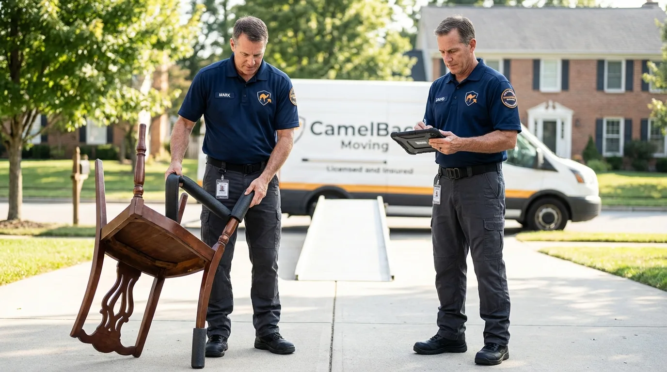 Movers inspecting furniture for damage prevention before loading in Soledad, CA