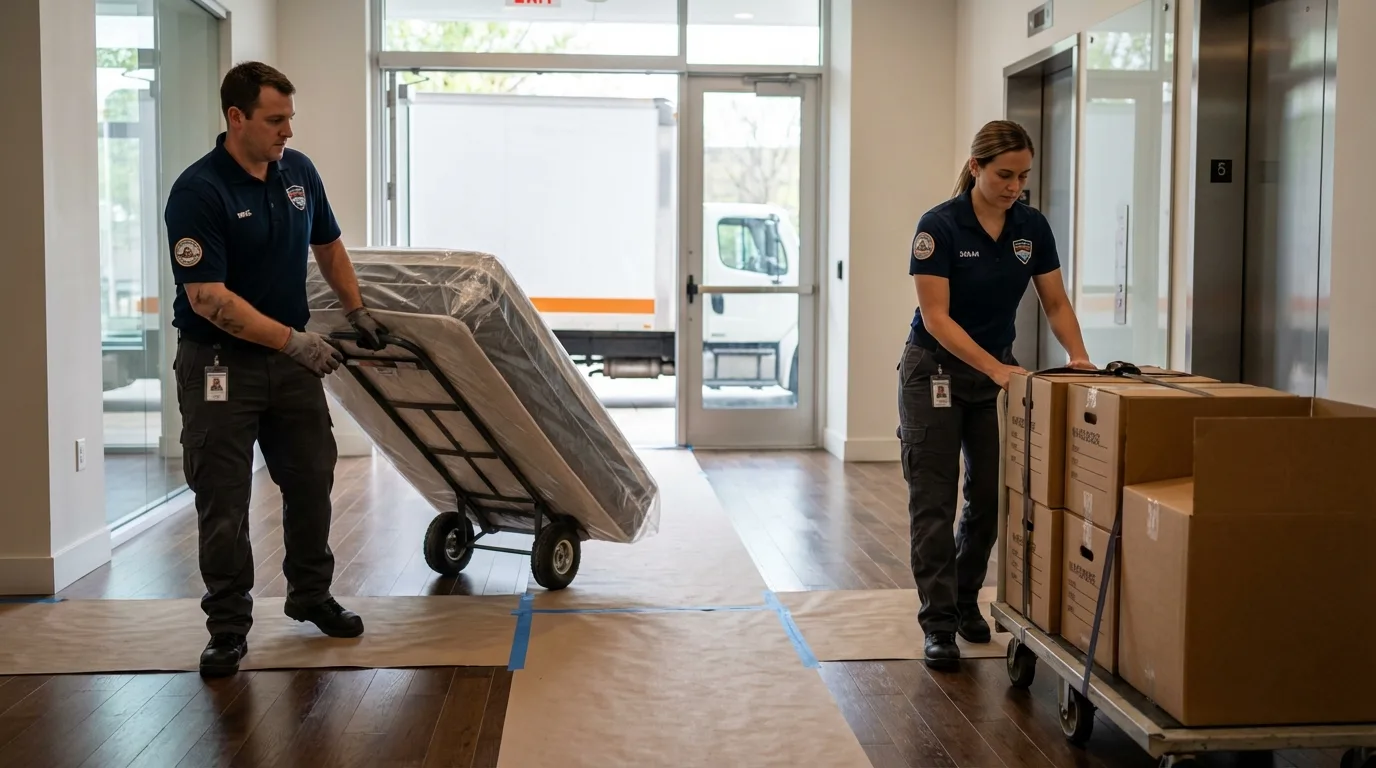Professional apartment movers loading elevator in Soledad, CA